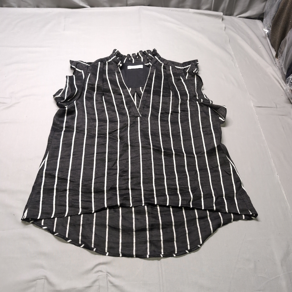 Sandro Womens‎ Black White Striped Sleeveless Ruffled Blouse Linen Size 3